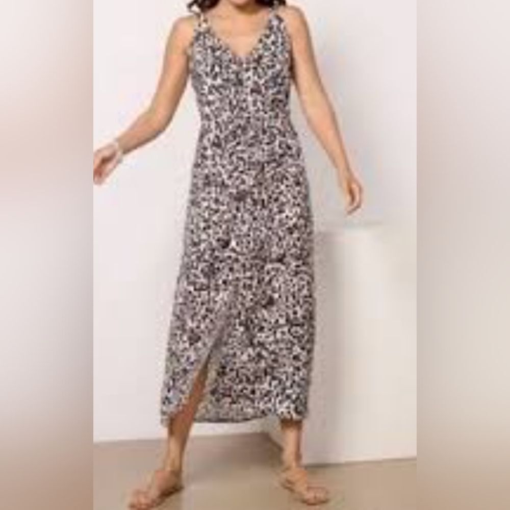 Anthropologie Cloth & Stone Linen Button Front Leopard Print Midi Dress Medium